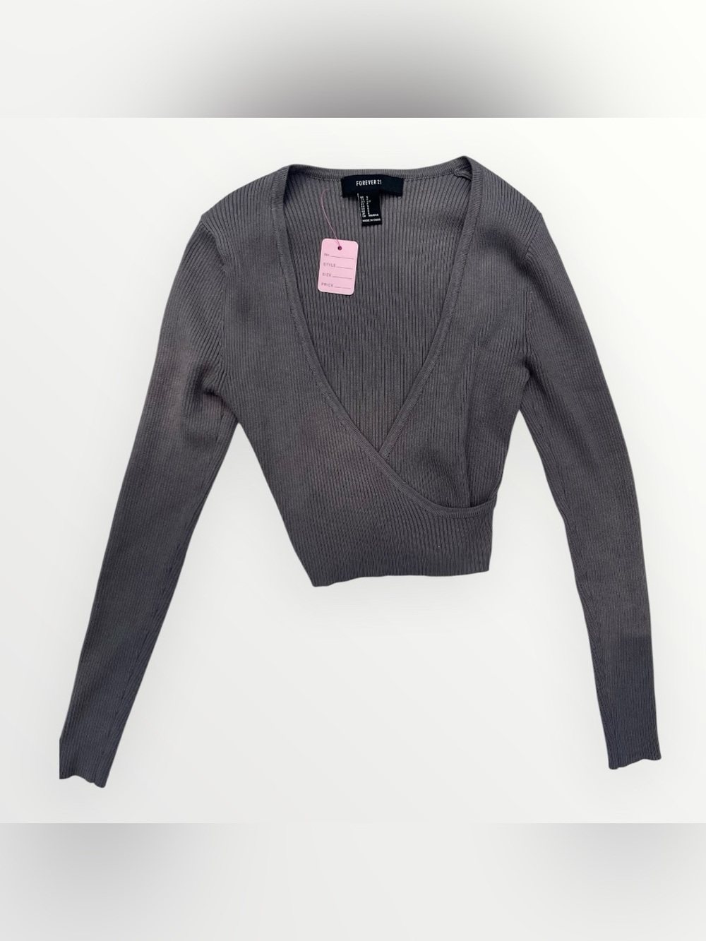 Forever 21 Gray Ribbed Wrap Crop Sweater Top | Long Sleeve